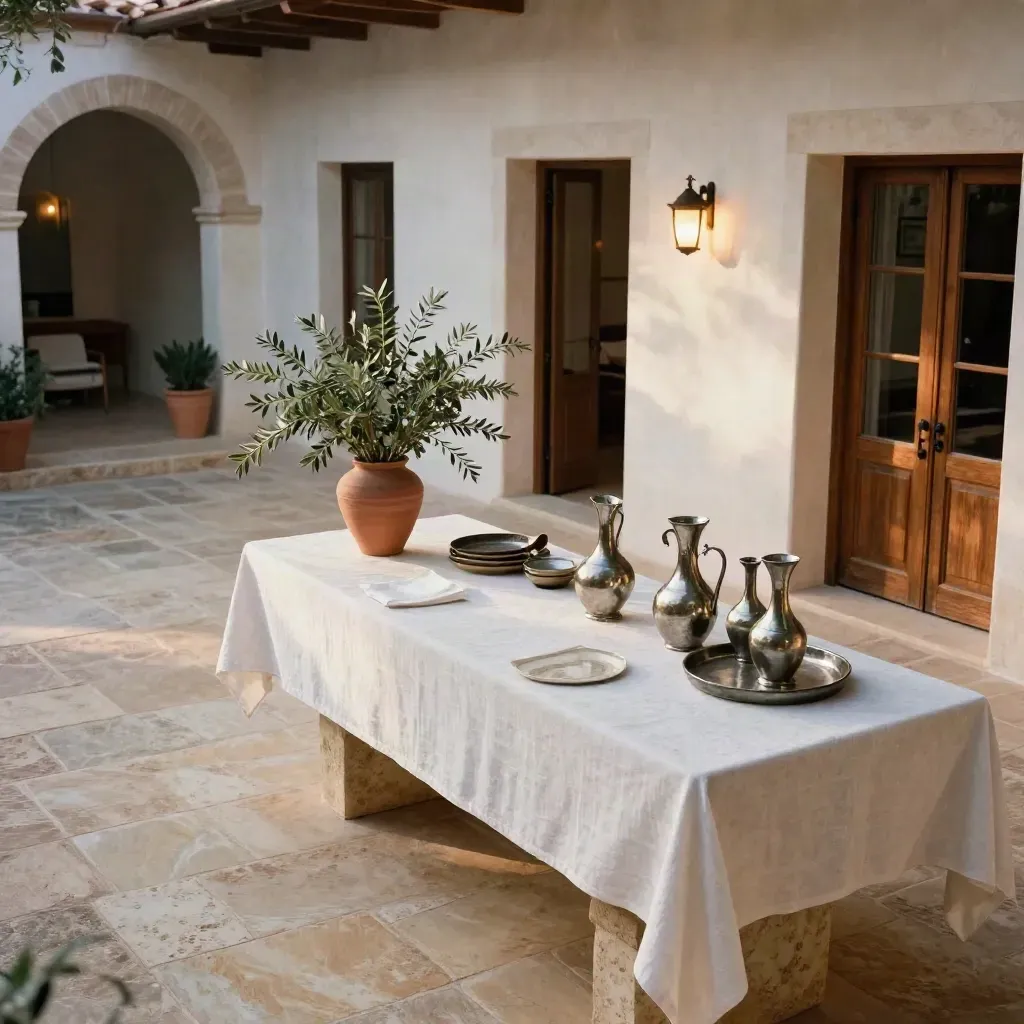 Patio de hotel rural con mesa de bienvenida y suites preparadas para recibir grupos.