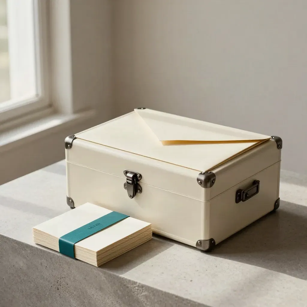 Caja de entrega, sobre sellado y fichas de proyecto sobre superficie clara, luz suave lateral.
