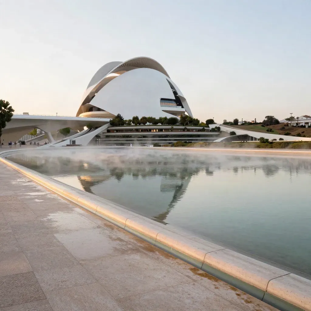 Landmark blanco sobre jardines y agua calma en la Comunidad Valenciana al amanecer